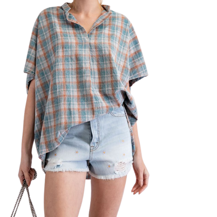 Mineral Wash Blue Rust Plaid Loose Fit V-Neck Top