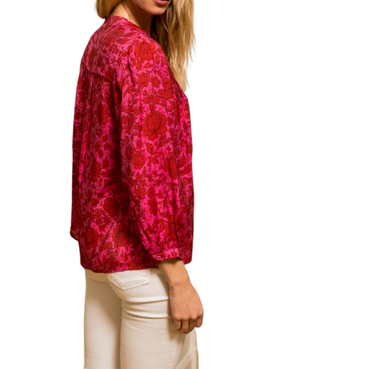 Fuchsia Floral Long Sleeve Ultra Light Weight Button Down Top