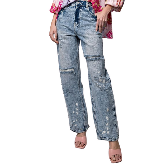 Distressed Acid Washed Wide Straight Leg Jeans with Bleach Splatters