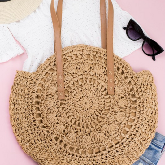 Khaki Straw Circle Tote Purse Bag