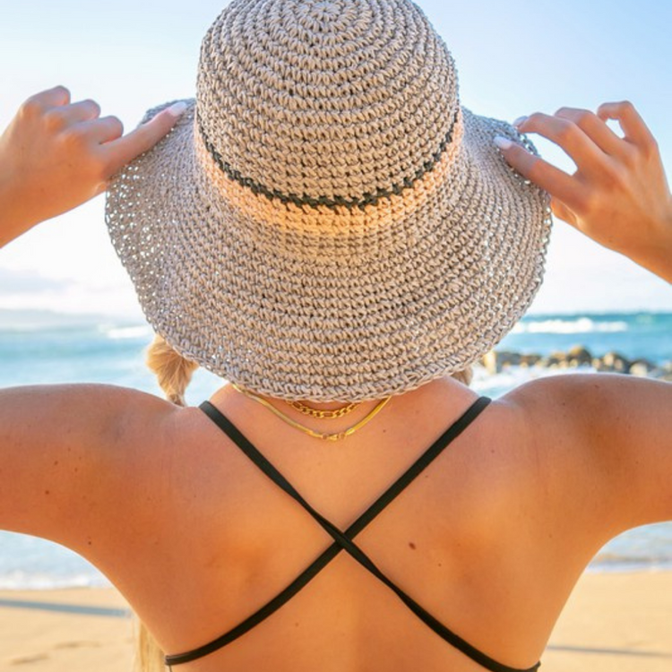 Gray Straw Bucket Hat w Stripe Hat Band Detail