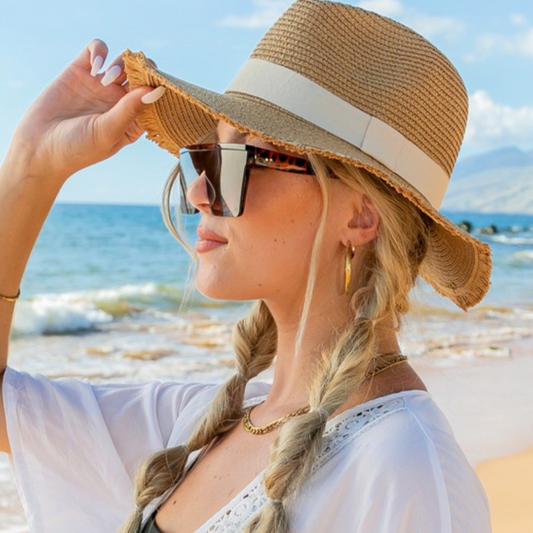 Khaki Raw Fray Edge Straw Panama Fedora Hat with Ribbon Hat Band