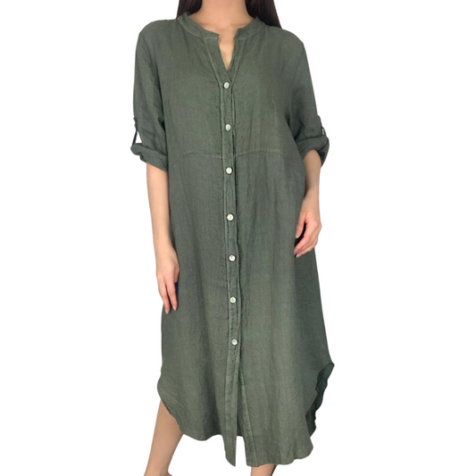 Long Olive Green Italian Linen Button Down Collarless Long Sleeve Shirt Dress