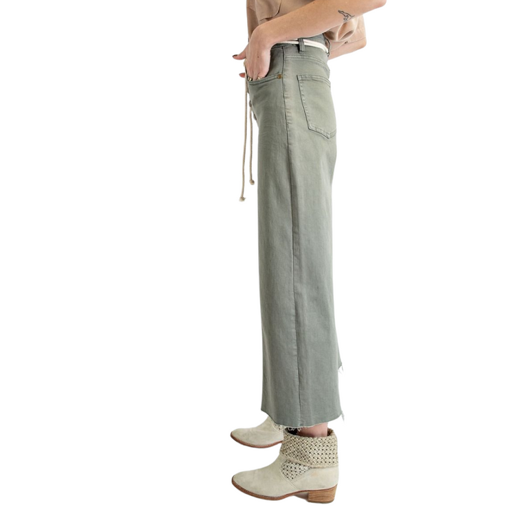 Olive Sage Button Front Wide Leg Raw Hem Cropped Twill Pants