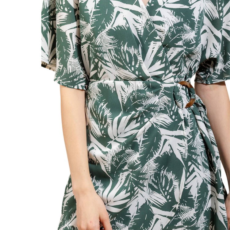 Green Tropical Printed V-Neck Short Sleeve Overlap Mini Dress