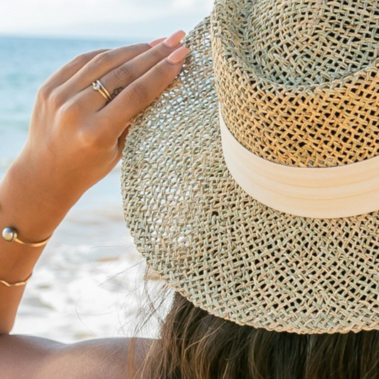 Natural Seagrass Panama Hat Fedora Hat w Beige Hat Band