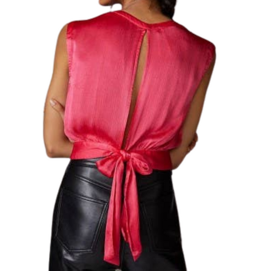 Hot Pink Silky Satiny Sleeveless Crop Top with Open Tie Back