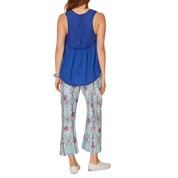 Royal Blue Jacquard Tank Top with Lace Neck Detail