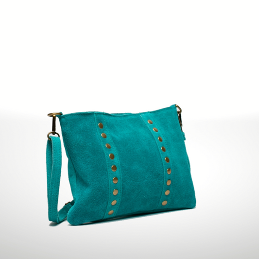 Turquoise Italian Suede Leather Crossbody Purse with Gold Studded Accents