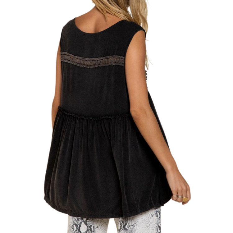 Black Ultra Soft Babydoll Sleeveless Tank Top with Lace Trim Detail