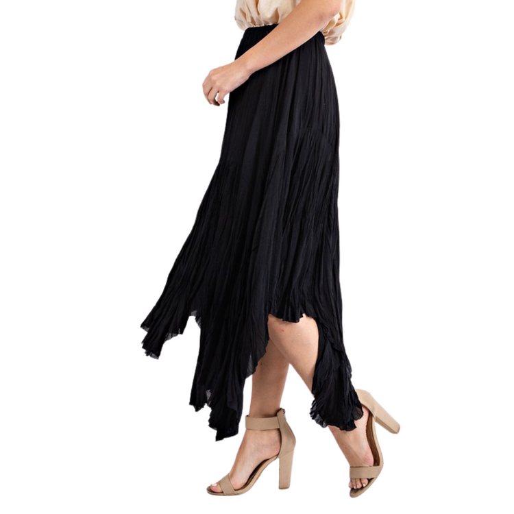 Black Silky Chiffon Pleated Asymmetrical Maxi Skirt