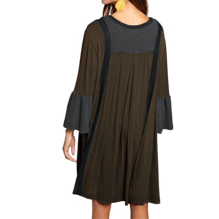 Deep Teal V-Neck Bell Sleeve Loose Tunic Top Dress