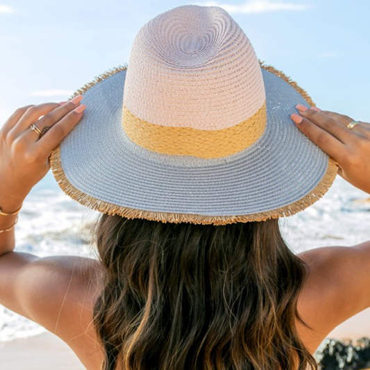 Gray Blush Straw Panama Fedora Hat w Raw Fray-Edge and Woven Rattan Band