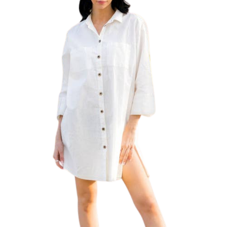 White Linen Button Front Shirt Dress