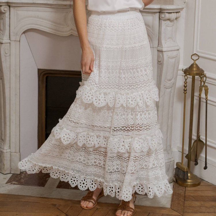 White Tiered Lace Maxi Skirt