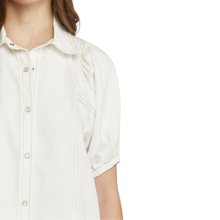 White Denim Button Down Collared Top with Puff Sleeve Detail