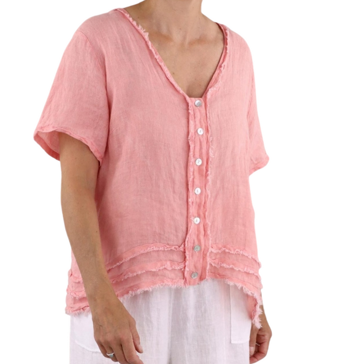 Pink Italian Linen Button Front Short Sleeve Tunic