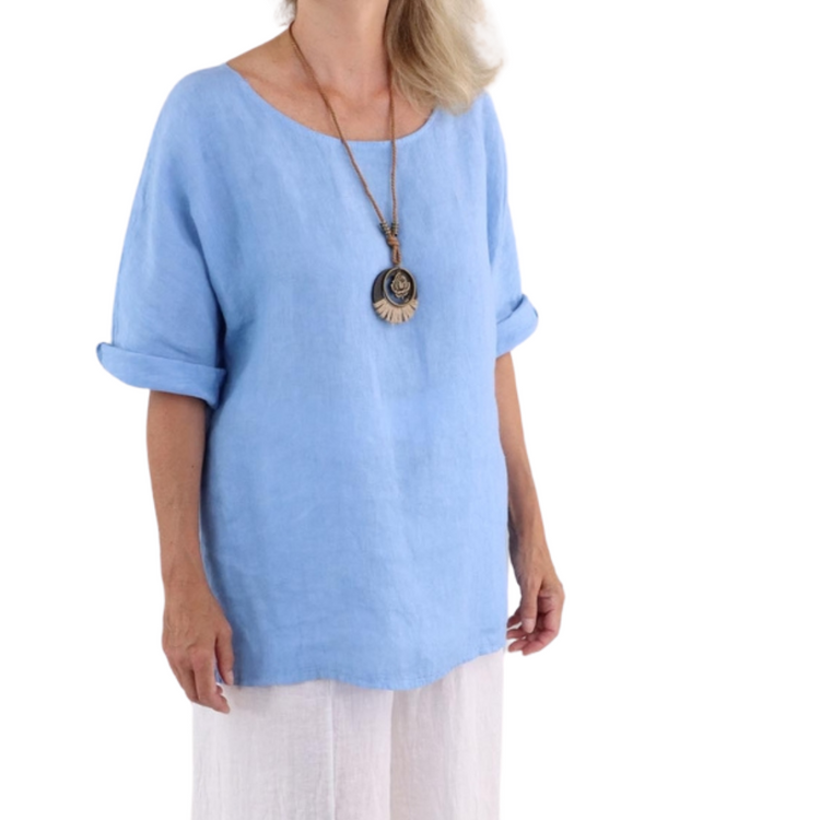 Sky Blue Plain Linen Tunic with Necklace