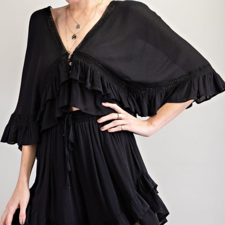 Black Ruffled Wing Sleeve Top