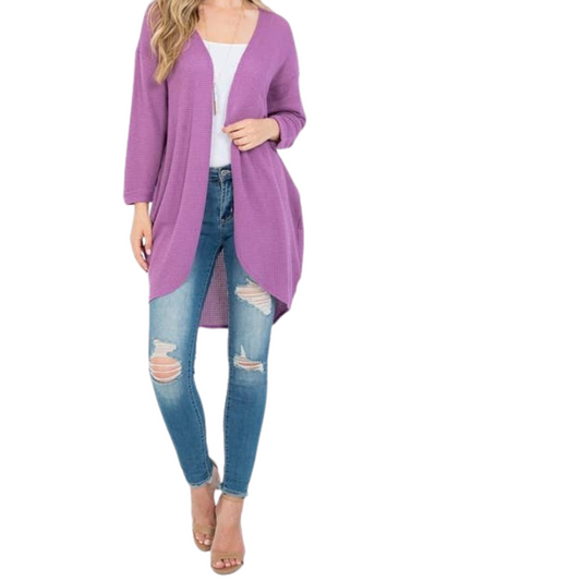 Lavender Violet Waffle Open Front Asymmetrical Cardigan