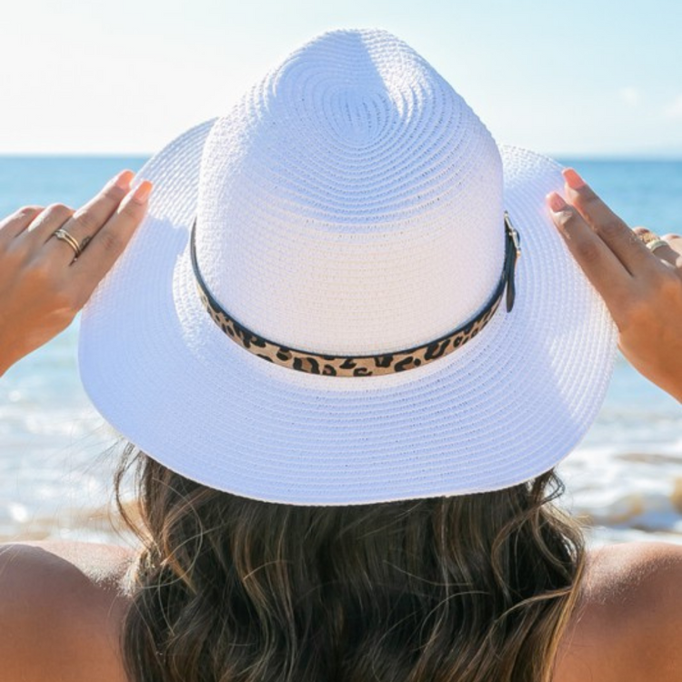 White Straw Fedora Panama Hat with Leopard Hat Band