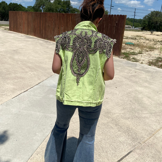 Neon Lime Beaded Embellished Lace Sleeveless Twill Vest