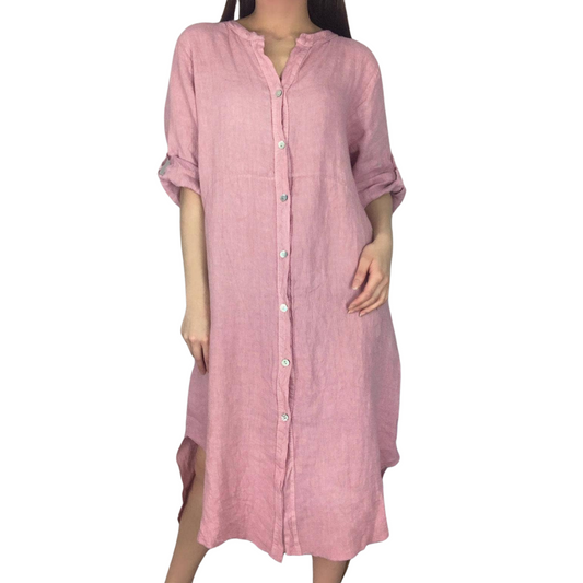 Long Pink Italian Linen Button Down Collarless Long Sleeve Shirt Dress