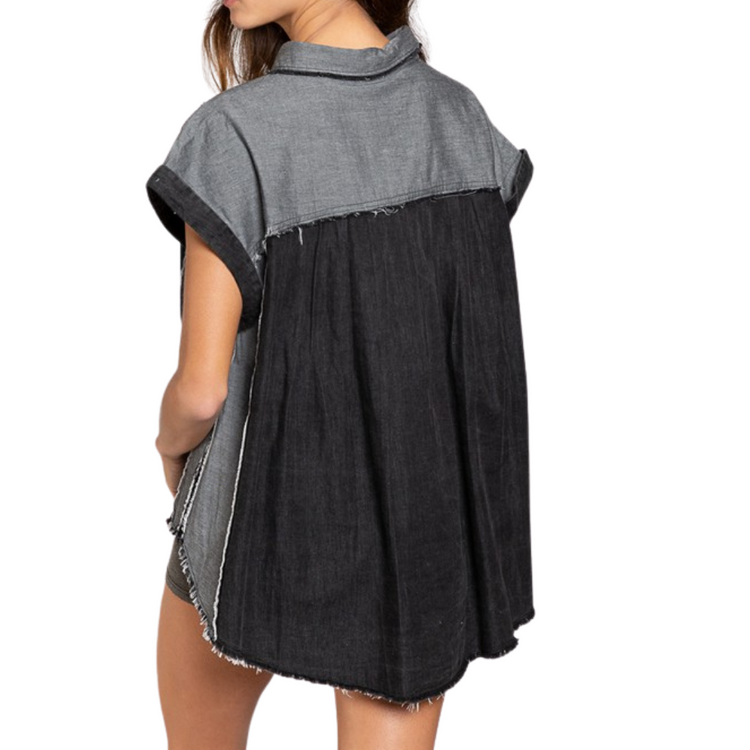 Black Denim Oversized Pleated Button Down Top