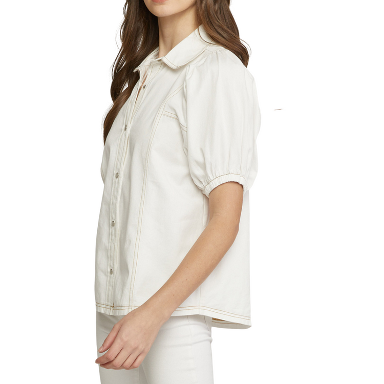 White Denim Button Down Collared Top with Puff Sleeve Detail