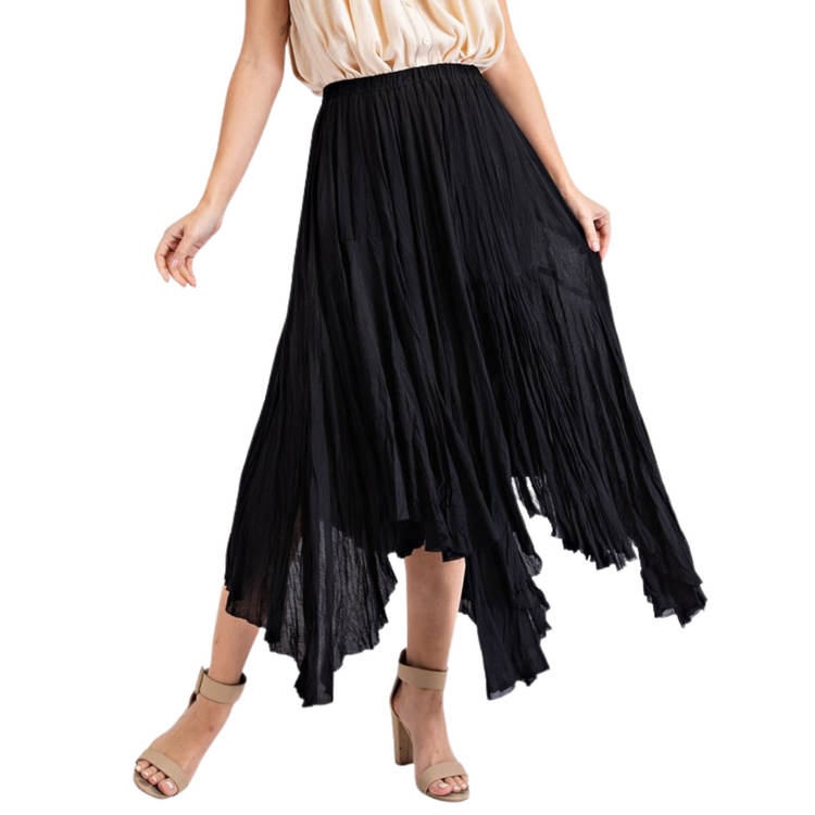 Black Silky Chiffon Pleated Asymmetrical Maxi Skirt