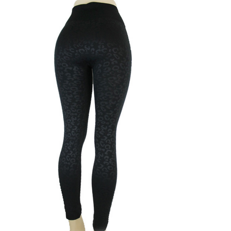 Fleece Lined Leopard Embossed Black Leggings with Thick High Waist Band