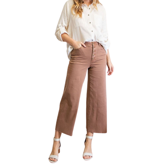 Mocha Rust Button Front Wide Leg Raw Hem Cropped Twill Pants