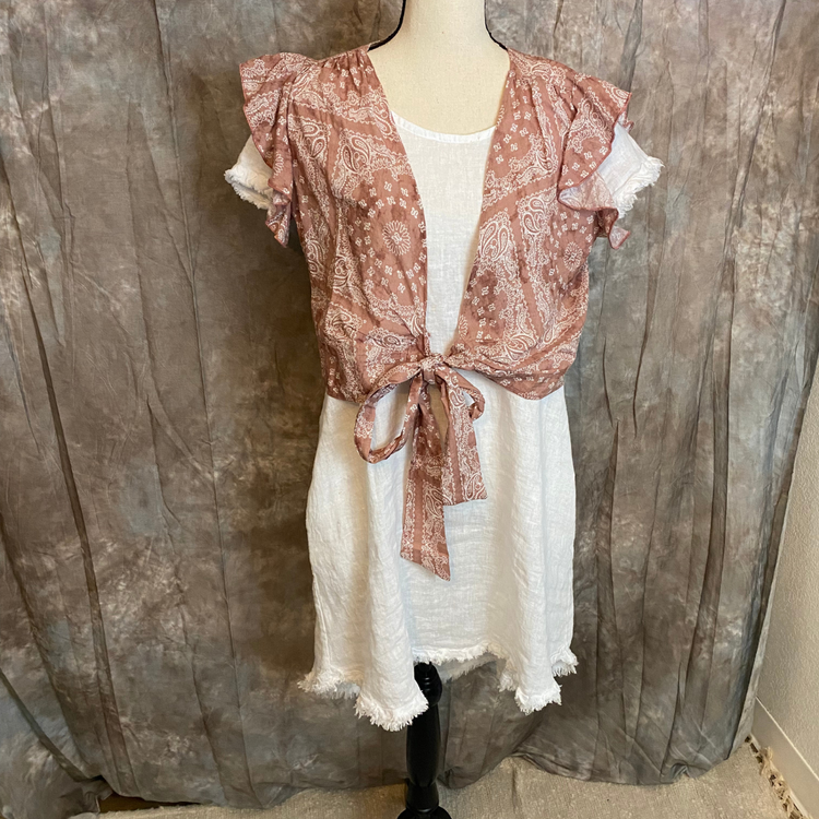 Mauve Taupe and Cream Bandana Pattern Ruffled Tie Front Top.