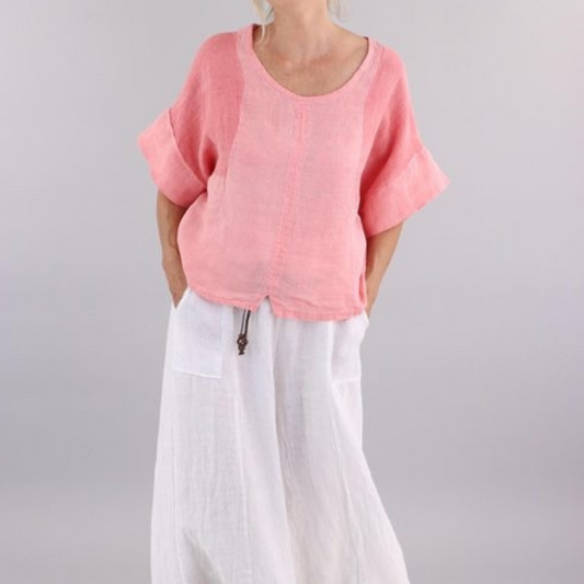 Coral Italian Cotton Linen Short Sleeve Top