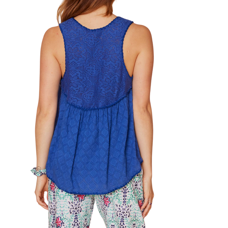 Royal Blue Jacquard Tank Top with Lace Neck Detail