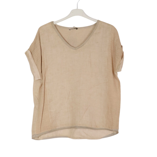 Camel Brown Gauze Linen Loose Short Sleeve Blouse Top