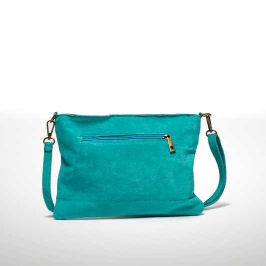 Turquoise Italian Suede Leather Crossbody Purse with Gold Studded Accents