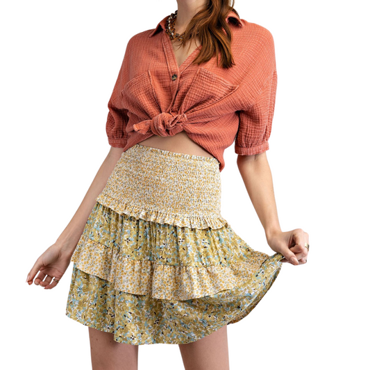 Ruffled Sage Beige Floral Print Smocked Mini Skirt