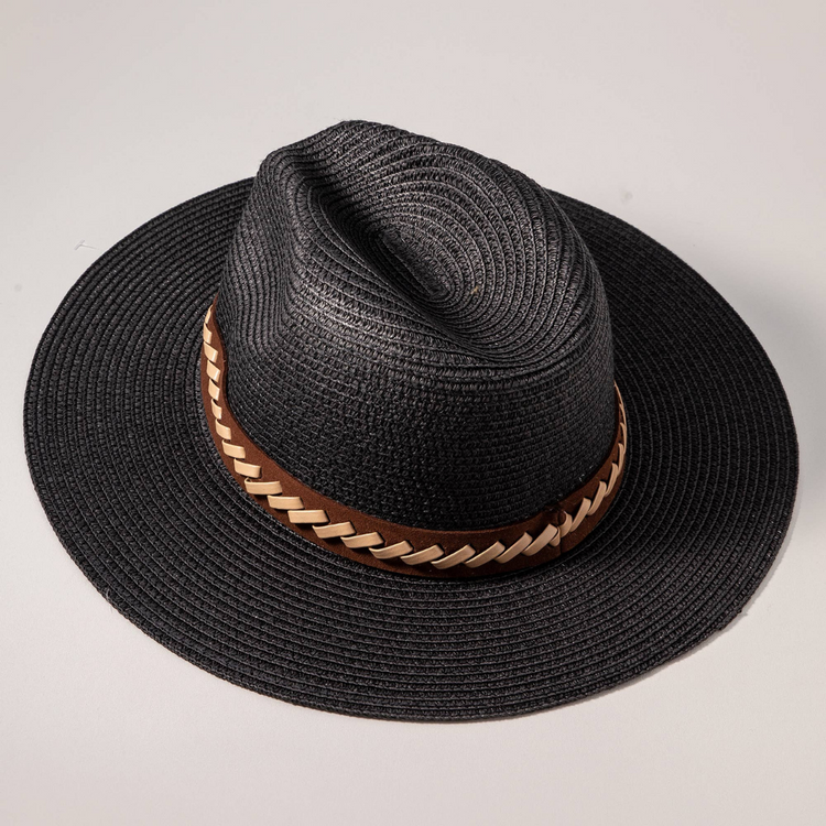 Leather Strap Straw Fedora Hat (Black)