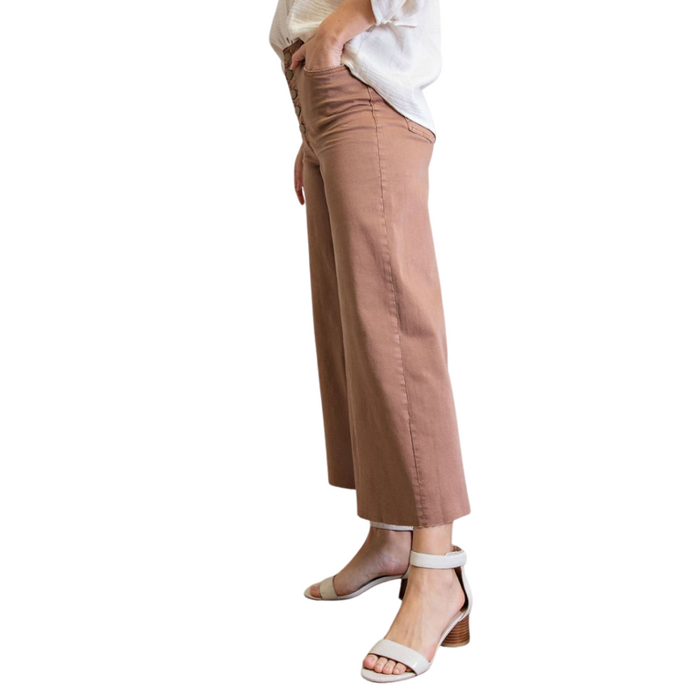 Mocha Rust Button Front Wide Leg Raw Hem Cropped Twill Pants