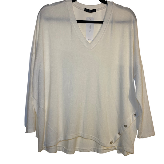 Italian Oversized Loose Low V-Neck Ivory Thin Sweater with Bottom Side Button Detail