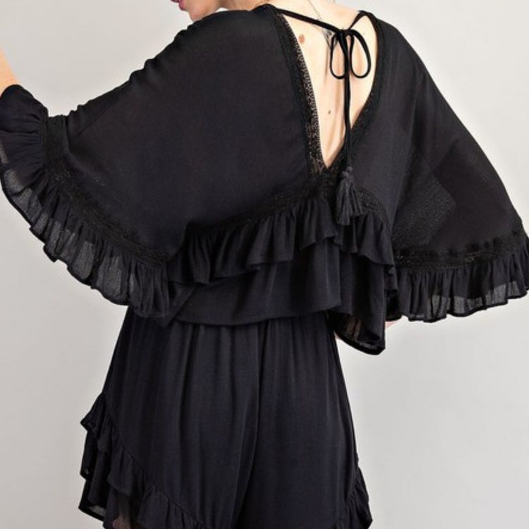 Black Ruffled Wing Sleeve Top