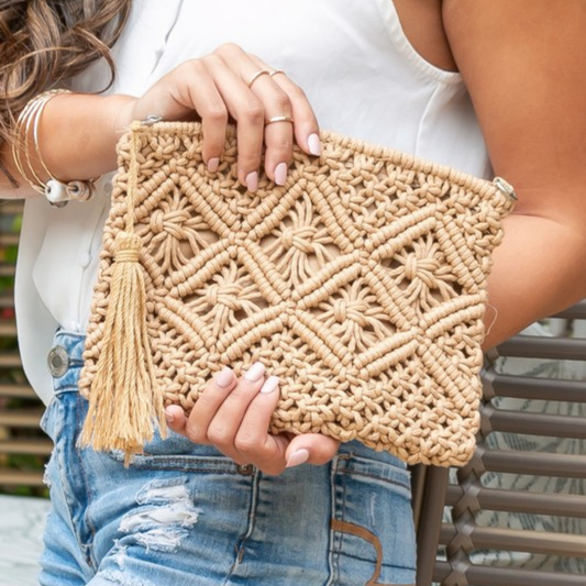 Khaki Macrame Clutch Purse Bag