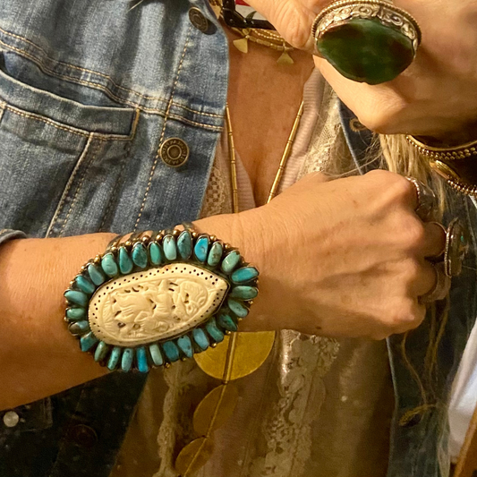 Chunky Silver Cuff with Turquoise and Carved Camel Bone India