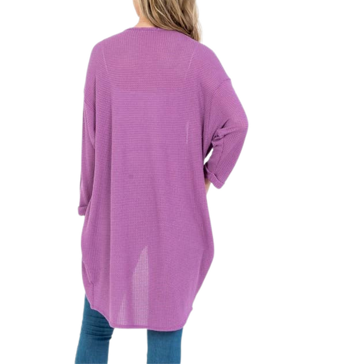 Lavender Violet Waffle Open Front Asymmetrical Cardigan