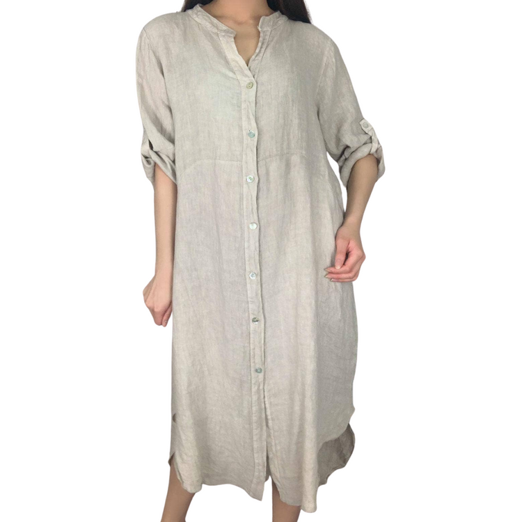 Long Natural Italian Linen Button Down Collarless Long Sleeve Shirt Dress