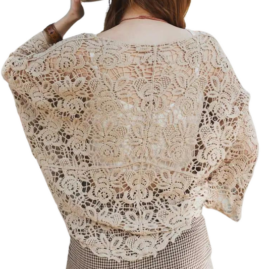 Mocha Floral Crochet Kimono Cover Wrap with Sleeves