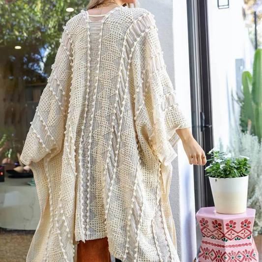 Creamy Embroidered Open Weave Pattern Kimono Pancho