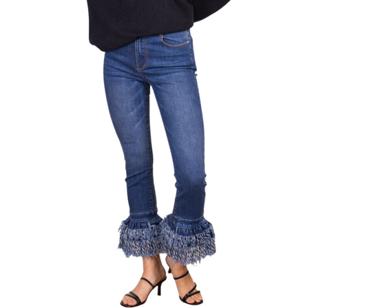 Mid-Rise Medium Wash Stretch Denim Jeans with Tiered Frayed Bottom