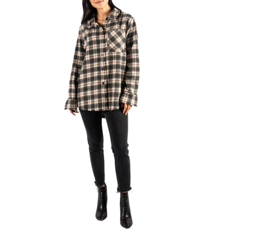 Charcoal Cream Plaid Raw Edge Button Up Shirt